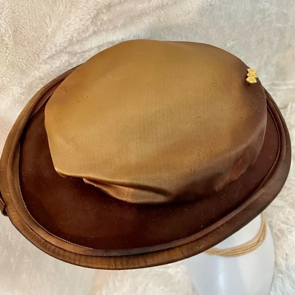 Vintage 1940s Bronze Satin Dish Hat with Golden Cloisonné Hat Pin - Picture 5 of 12